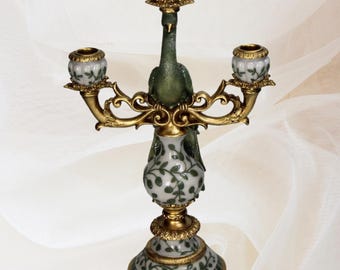 Chic Green Gold Peacock Candelabra, Bird Candle Holder, Hollywood Regency, Glam Decor, Luxury, Decorative, Ornamental, Vintage Style, Gift