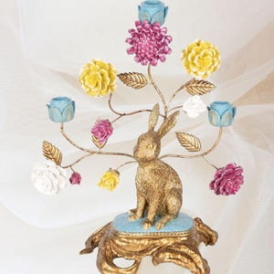 Enchanting Bunny Floral Candelabra, Gold Hare Candle Holder, Spring Table Centerpiece, Decorative, Easter Decor, Whimsical, Statement Piece