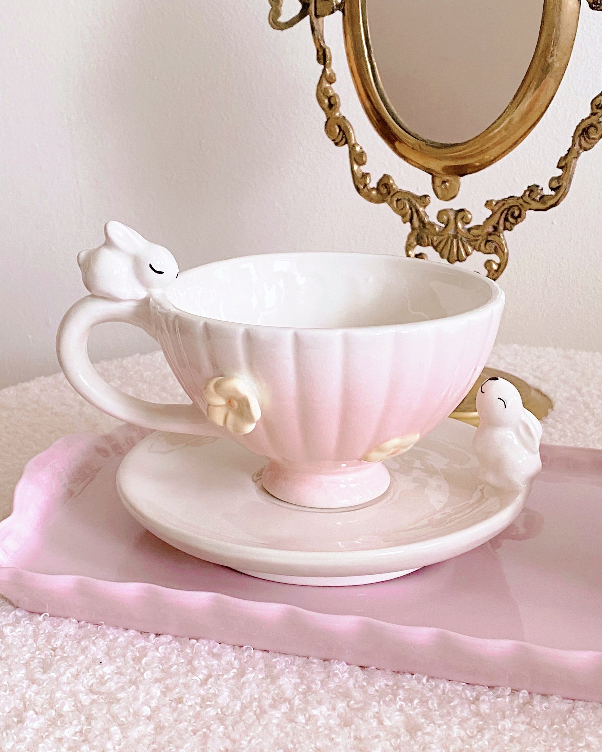 Bunny Floral Cup Saucer Set, Hand Painted, Glazed, Charming