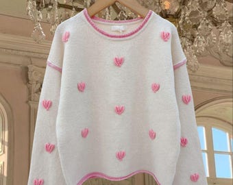 Pink Heart Cozy Sweater, Soft Knit Cardigan, Comfy Knitwear, Neutral Style, Coquette, Sweet, Feminine, Romantic, Charming, Gift for Her