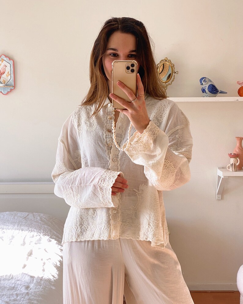 Ivory Embroidered Lace Tie Blouse