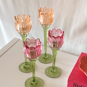 Tulip Flower Glass Candle Holder, Pink, Orange Flower-Shaped Candlestick, Floral Decor, Mouth Blown, Decorative, Spring Home Accent, Gift image 1