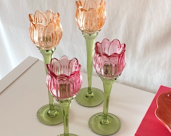 Tulip Flower Glass Candle Holder, Pink, Orange Flower-Shaped Candlestick, Floral Decor, Mouth Blown, Decorative, Garden Wedding, Gift
