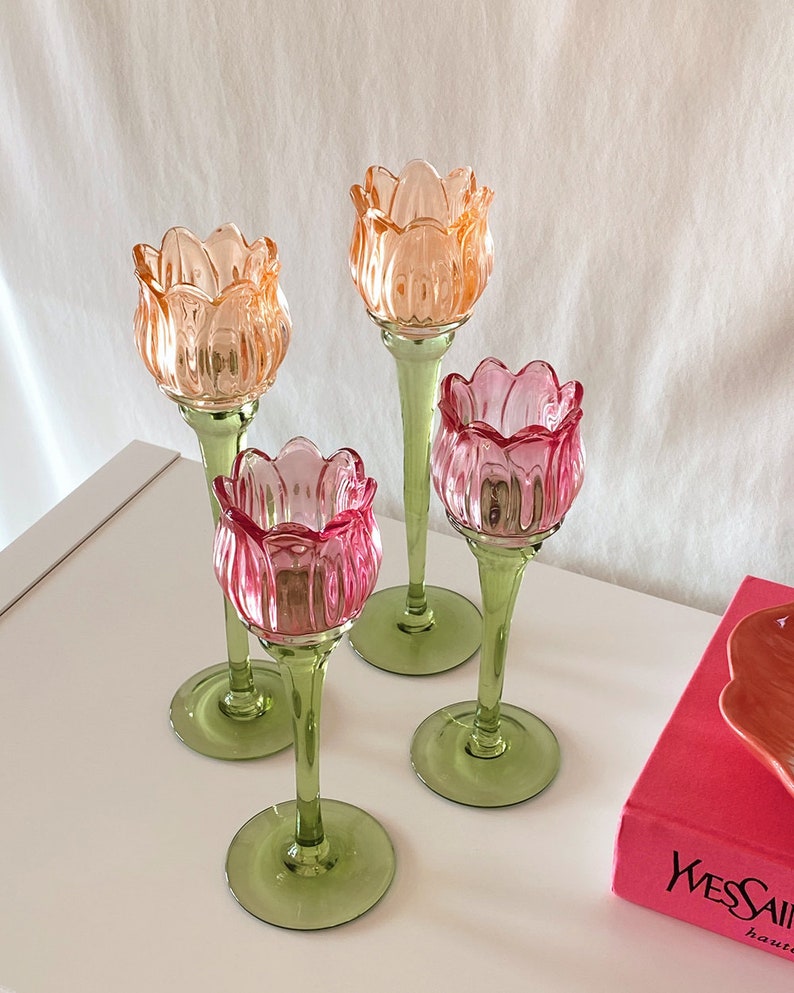 Tulip Flower Glass Candle Holder, Pink, Orange Flower-Shaped Candlestick, Floral Decor, Mouth Blown, Decorative, Spring Home Accent, Gift image 1