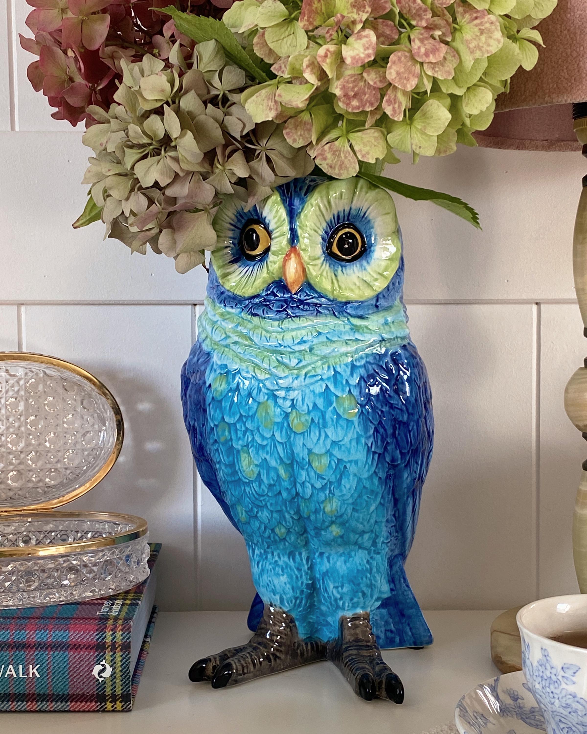 真夜中のフクロウの花瓶、青い鳥の花瓶、コテージコアのホーム 