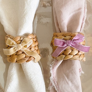 Velvet Bow Water Hyacinth Napkin Ring, Bow Tableware, Romantic, Chic, Romantic Dinner Party, Coquette, Hostess Gift, Wedding Gift Decor image 1