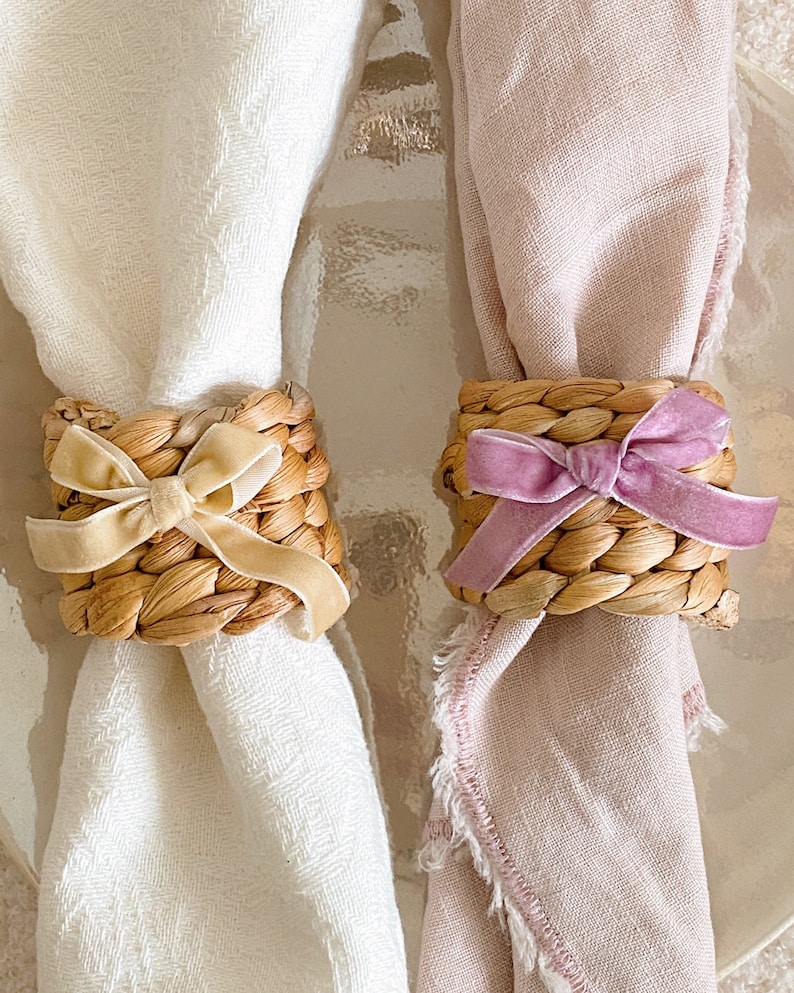 Velvet Bow Water Hyacinth Napkin Ring, Bow Tableware, Romantic, Chic, Romantic Dinner Party, Coquette, Hostess Gift, Wedding Gift Decor image 1