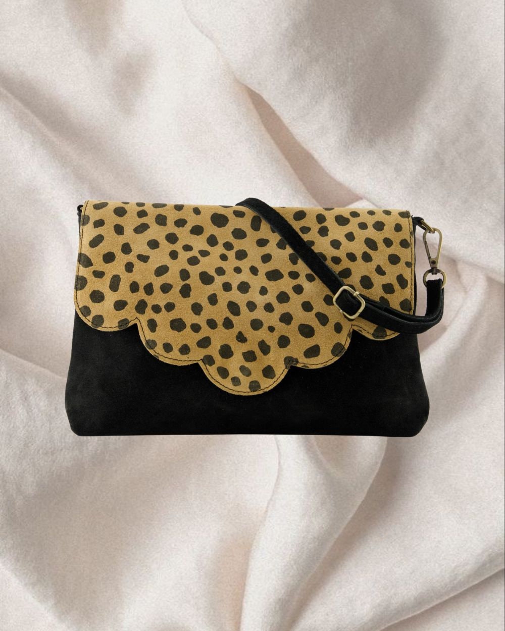 Cheetah Print Black Suede Bag, Scalloped Leopard Print Clutch, Eco-Friendly, Handmade in Italy, Chic, Italian Craftsmanship, Gift for Her