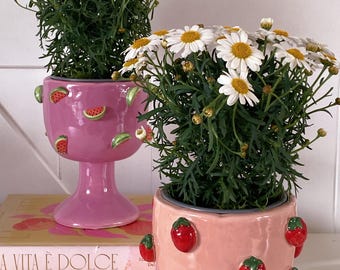 Pink Strawberry Planter, Watermelon, Aesthetic Indoor Flower Pot, Cute Fruit Decor, Pastel Home Decor, Kawaii Style, Decorative, Foodie Gift