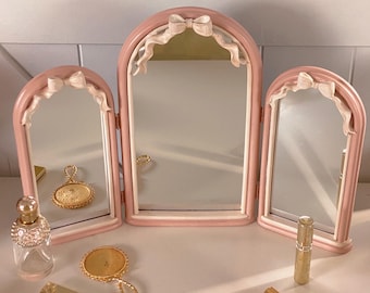 Pink Bow Trifold Vanity Mirror, Three Panel Makeup Mirror, Coquette Dressing Table Decor, Parisian Bedroom Accent, Feminine Home Decor, Gift