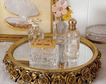 Golden Roses Mirrored Vanity Tray, Ornate Gold Floral Perfume Tray, Vintage Style Dressing Table Organizer, Glam Bathroom Decor, Gift