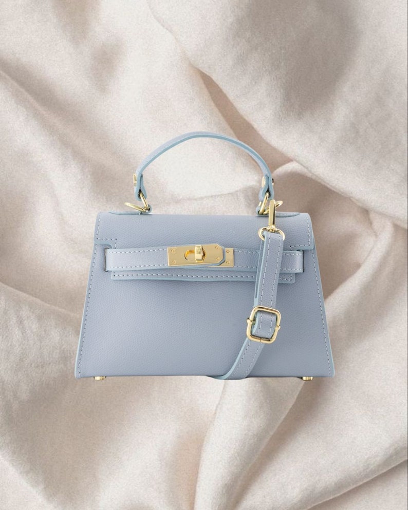 Ledertasche Adelaide, Babyblau, Rosa, Elfenbein, Schwarz, Rot, Orange, schick, zeitlos, luxuriös, klassisch, handgefertigt in Italien, Ikone, Muse, Geschenk für Sie Baby Blue