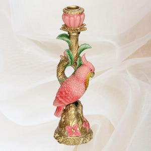 ハリウッドリージェンシーピンクのオウムのキャンドルホルダー、鳥のキャンドルスティック、ピンクグリーンゴールドの華やかな装飾、高級、装飾、装飾、ヴィンテージスタイル