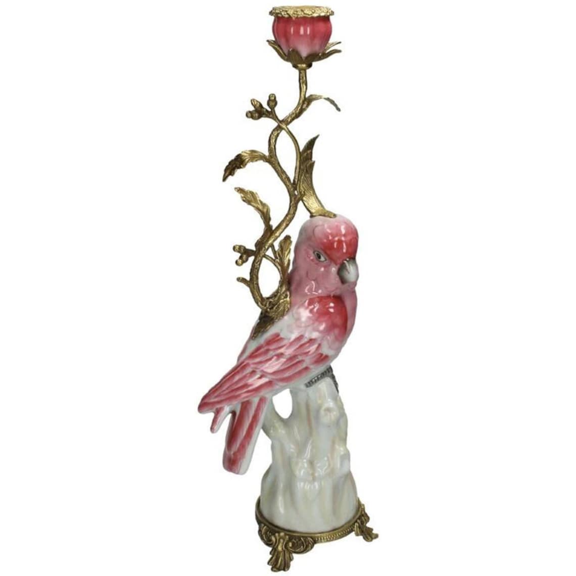 Porcelain Pink Parrot Brass Candle Holder