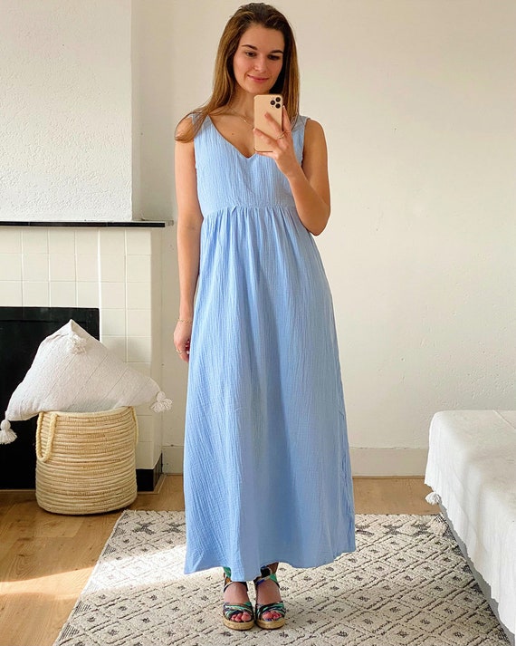 Maxi Dress Sky Blue, 100% Cotton, Feminine, Vacation, Wedding Guest,  Bridesmaid Dress, Garden Party, Charming, Mediterranean, French Riviera -  Etsy