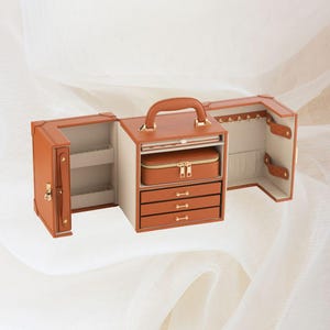Étui de voyage à bijoux de luxe Éclat, ivoire, terra, boîte de rangement en cuir végétalien avec poignée, boîte souvenir, vanité, organisateur décoratif, cadeau