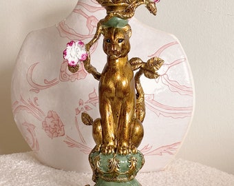Candelabro de leopardo dorado estilo Hollywood Regency, gato salvaje, candelabro de pantera, soporte para velas de animales, escultura de leopardo, lujo, decoración de interiores