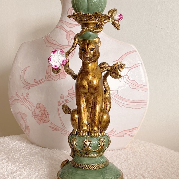 Hollywood Regency Gold Leopard Kerzenhalter, Wildkatze, Panther Kerzenhalter, Tier Kerzenständer, Leopard Skulptur, Luxe, Interieur Dekor