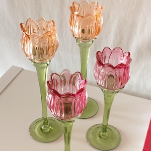 Tulip Flower Glass Candle Holder, Pink, Orange Flower-Shaped Candlestick, Floral Decor, Mouth Blown, Decorative, Spring Home Accent, Gift image 6