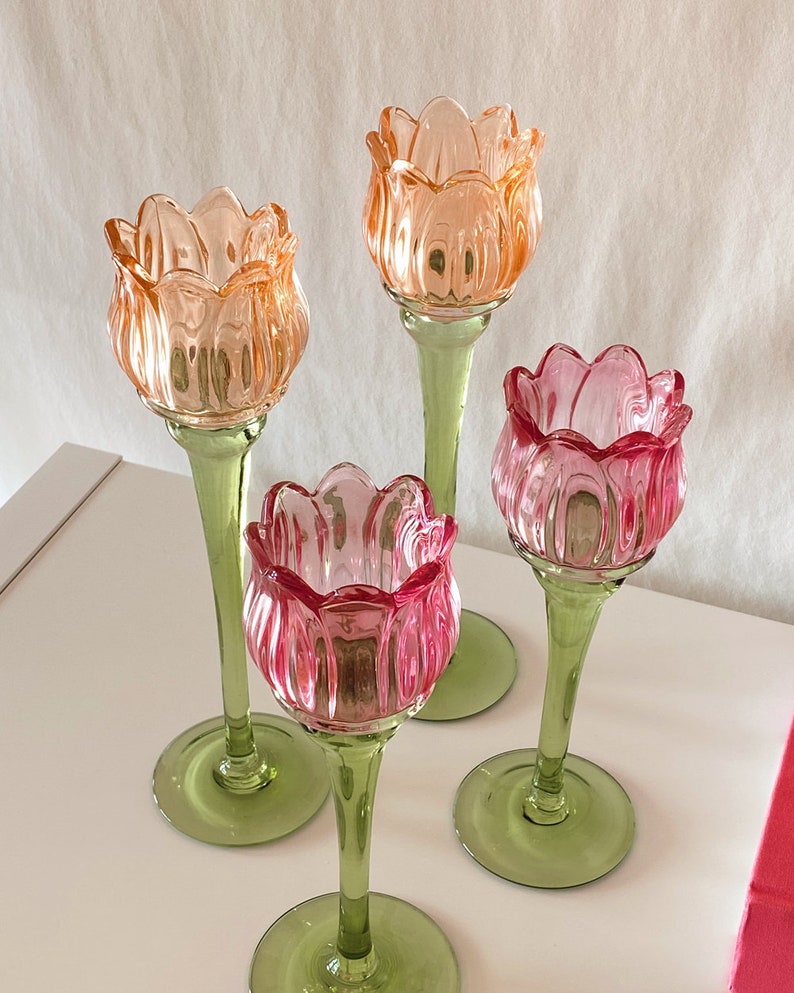 Tulip Flower Glass Candle Holder, Pink, Orange Flower-Shaped Candlestick, Floral Decor, Mouth Blown, Decorative, Spring Home Accent, Gift image 6