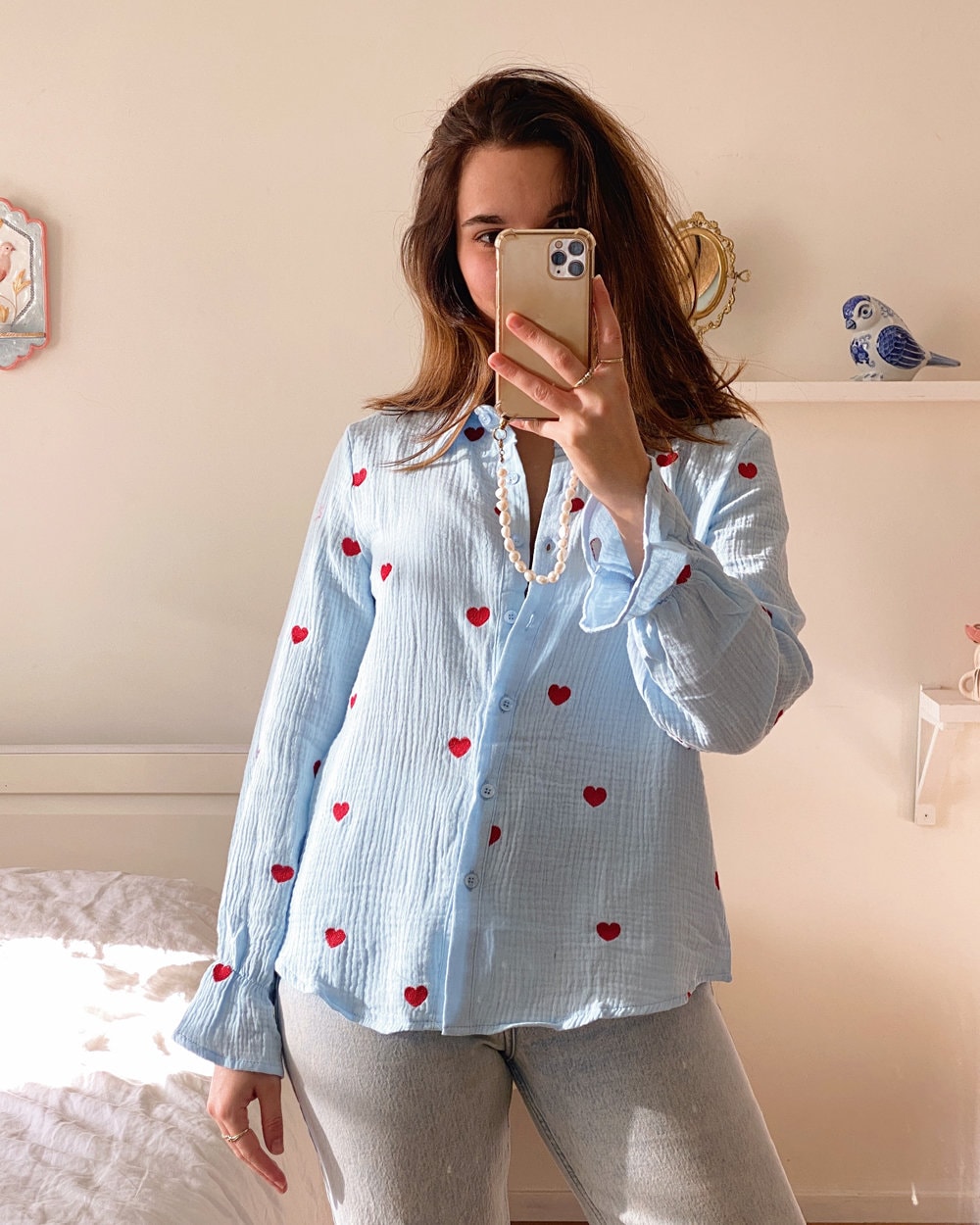Embroidered Heart Blouse, 100% Cotton, White, Blue Button
