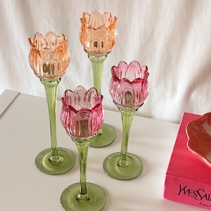 Tulip Flower Glass Candle Holder, Pink, Orange Flower-Shaped Candlestick, Floral Decor, Mouth Blown, Decorative, Spring Home Accent, Gift zdjęcie 4