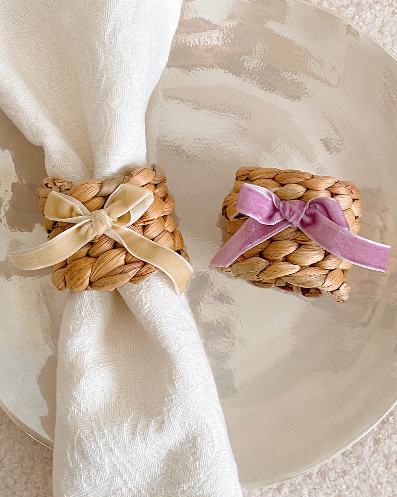 Velvet Bow Water Hyacinth Napkin Ring, Bow Tableware, Romantic, Chic, Romantic Dinner Party, Coquette, Hostess Gift, Wedding Gift Decor image 8