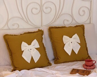 Hearthside Velvet Bow Cushion, Ochre, Ivory, Throw Pillow, Cottagecore Sofa Accent, Decorative, Soft, Chic, Cozy, Elegant, Gift for Her