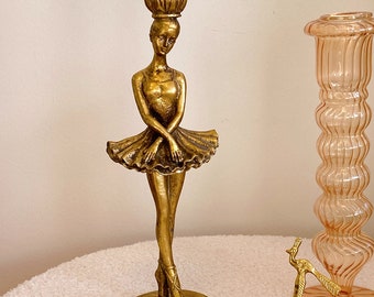 Ballerina Candle Holder, Graceful Sculpture, Gold Ballerina In Pose On Pointe Shoes, Coquette, Romantic, Chic, Gift For Dance Enthusiasts