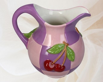 Cherry Pitcher Vase, Cottagecore Kitchen Decor, Farmhouse Style Flower Vase, Al Fresco Dinner Decor, Vintage Style Jug, Cherry Lover Gift