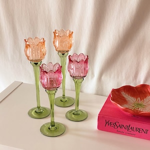 Tulip Flower Glass Candle Holder, Pink, Orange Flower-Shaped Candlestick, Floral Decor, Mouth Blown, Decorative, Spring Home Accent, Gift image 3