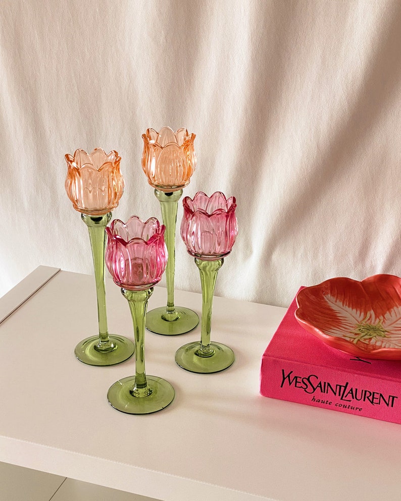 Tulip Flower Glass Candle Holder, Pink, Orange Flower-Shaped Candlestick, Floral Decor, Mouth Blown, Decorative, Spring Home Accent, Gift image 3