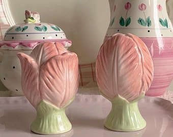 Pink Tulip Flower Porcelain Salt Pepper Shaker Set, Spring Table Decor, Floral Tableware, Kitchen Decor, Cottagecore, Flower Lover Gift