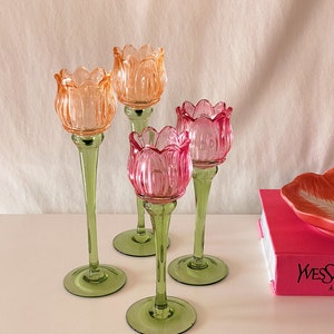 Tulip Flower Glass Candle Holder, Pink, Orange Flower-Shaped Candlestick, Floral Decor, Mouth Blown, Decorative, Spring Home Accent, Gift image 7