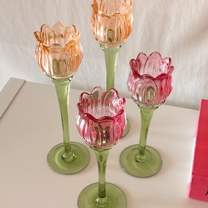 Tulip Flower Glass Candle Holder, Pink, Orange Flower-Shaped Candlestick, Floral Decor, Mouth Blown, Decorative, Spring Home Accent, Gift image 8