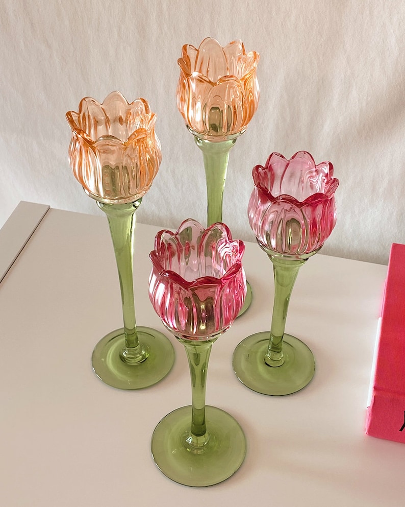 Tulip Flower Glass Candle Holder, Pink, Orange Flower-Shaped Candlestick, Floral Decor, Mouth Blown, Decorative, Spring Home Accent, Gift image 8