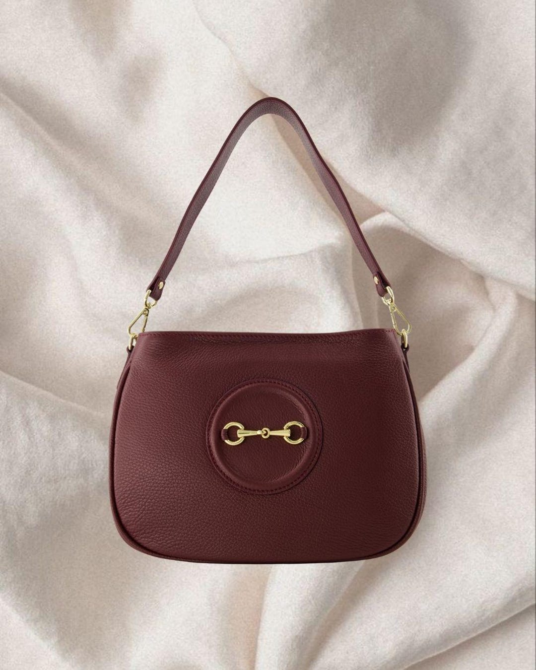 Half Horsebit Medium Soft Glossy Leather Shoulder Bag - Grey