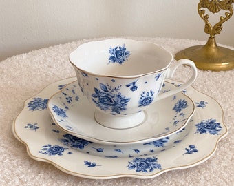 Ensemble petit-déjeuner floral en porcelaine rose bleu roi, Charmant, Enchanteur, Vaisselle fleurie, Décoration de table romantique, Doux, Café, Tasse à thé, Cadeau