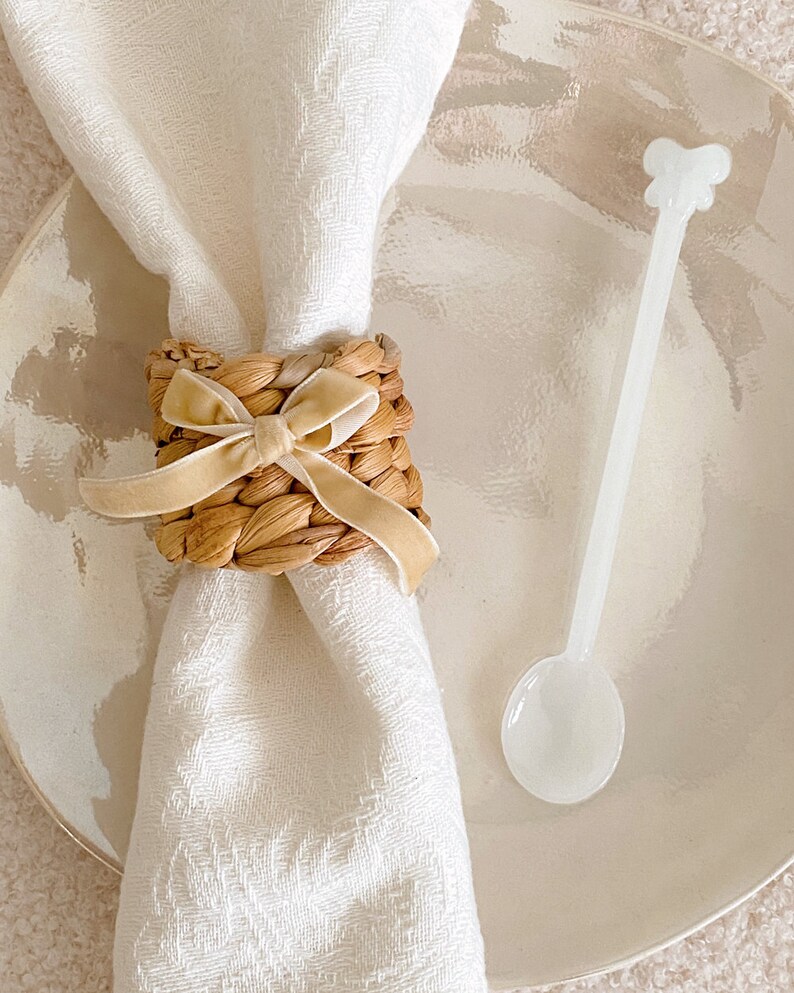 Velvet Bow Water Hyacinth Napkin Ring, Bow Tableware, Romantic, Chic, Romantic Dinner Party, Coquette, Hostess Gift, Wedding Gift Decor image 2