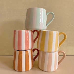 Hand Painted Ceramic Circus Mug, Aesthetic, Candy Stripe, Pastel Mug, Cozy Season, Pink, Pistachio, Yellow, Terra, Beige, Ice Cream Shade