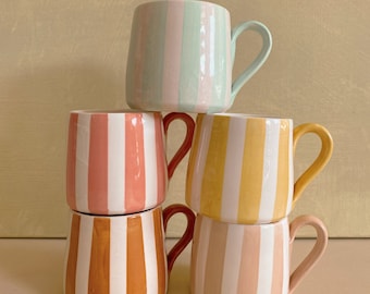 Hand Painted Ceramic Circus Mug, Aesthetic, Candy Stripe, Pastel Mug, Cozy Season, Pink, Pistachio, Yellow, Terra, Beige, Ice Cream Shade