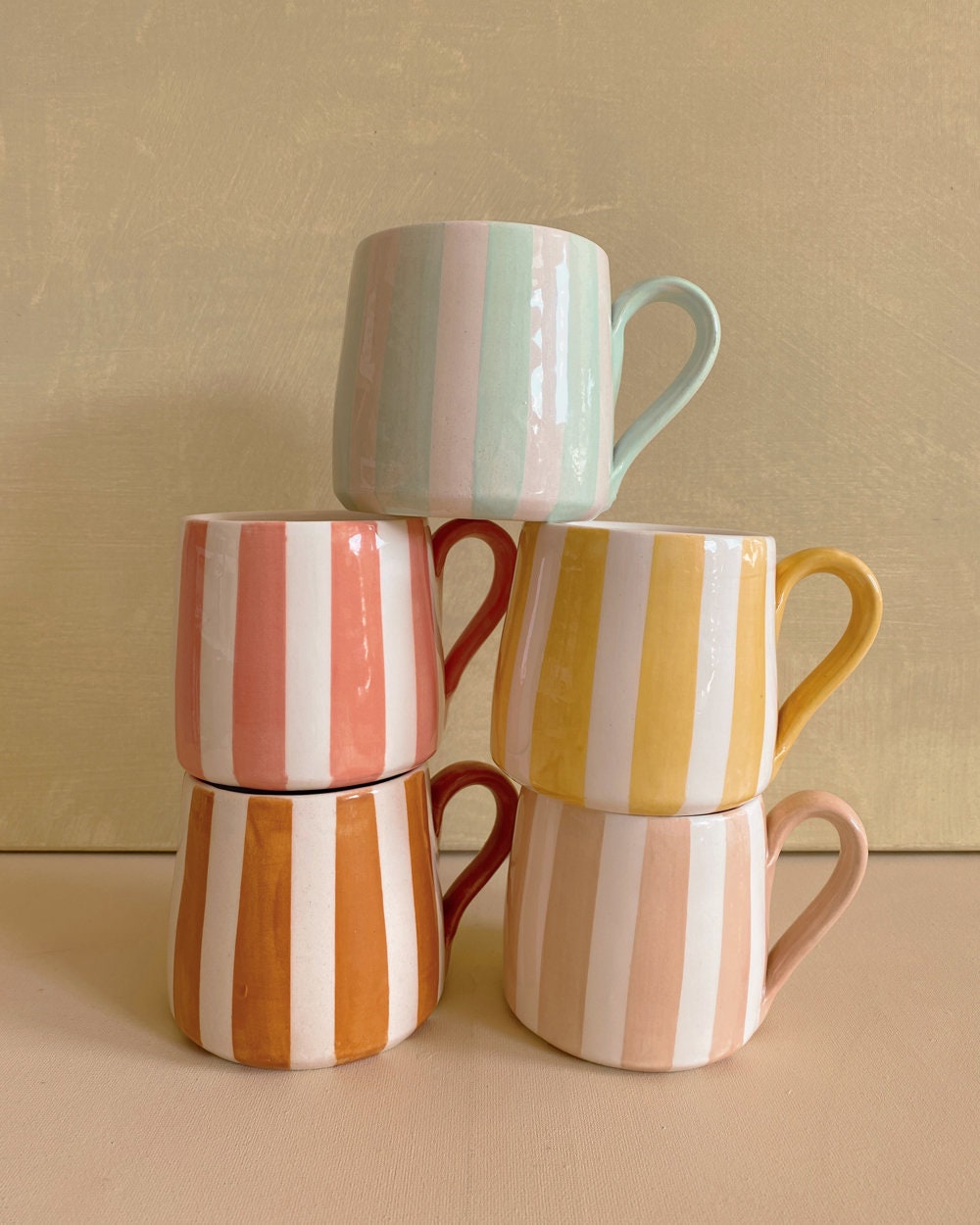 Hand Painted Ceramic Circus Mug, Aesthetic, Candy Stripe, Pastel Mug, Cozy Season, Pink, Pistachio, Yellow, Terra, Beige, Ice Cream Shade