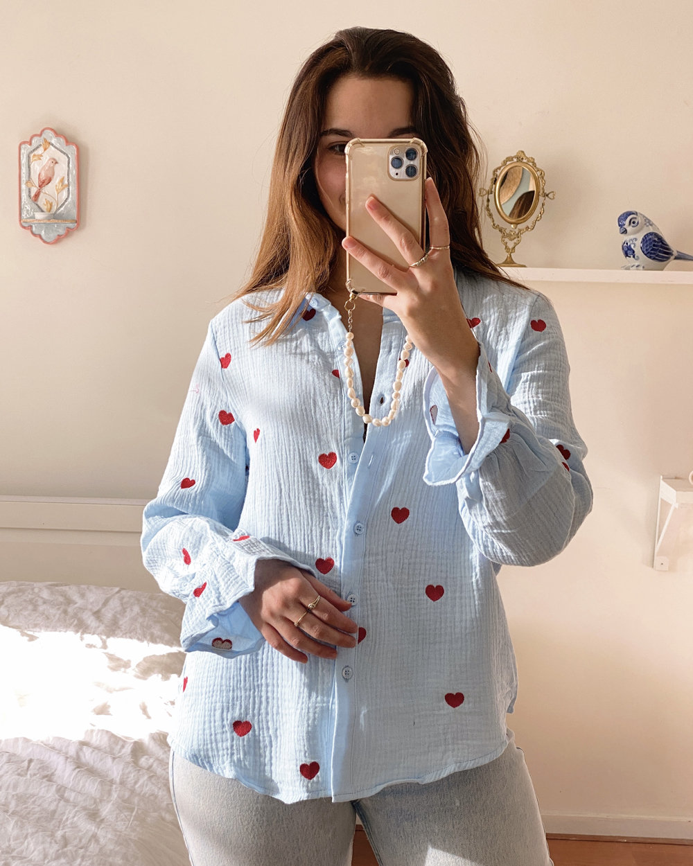 liten リテン　Heart embroidered blouse Embroidered Heart Blouse, 100% Cotton, White, Blue Button