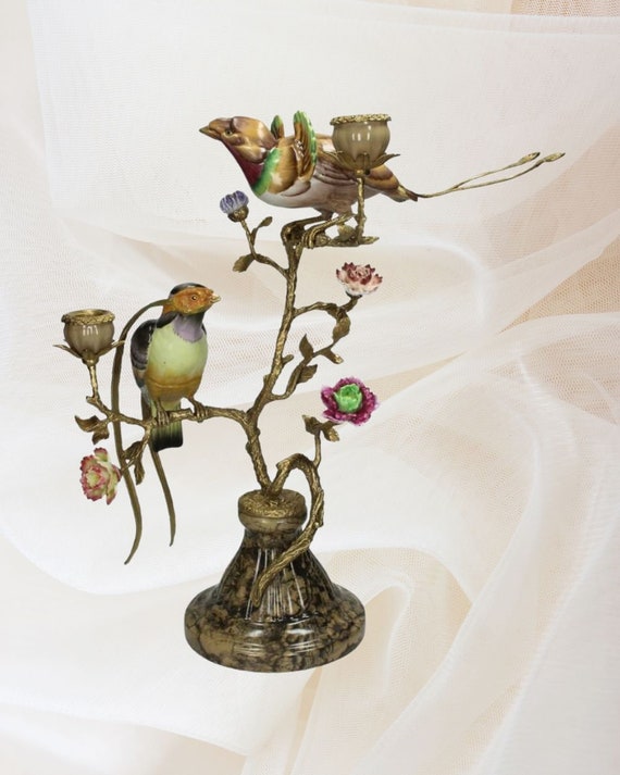 Porcelain Paradise Birds Brass Candle Holder, Bird Candle Holder