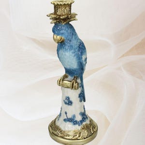 ブルーホワイトオウムキャンドルホルダー、鳥キャンドルスティック、ハリウッドリージェンシーグラム装飾、高級、装飾、装飾、ヴィンテージスタイル、ギフト