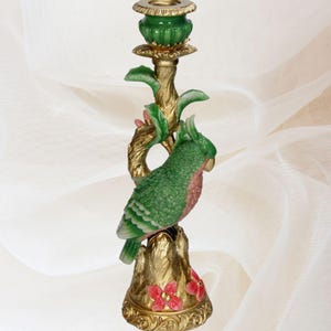 Hollywood Regency Parrot Candle Holder, Bird Candlestick, Green Pink Gold Glam Decor, Luxury, Decorative, Ornamental, Vintage Style, Gift
