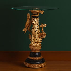Mesa auxiliar de cristal con estampado de leopardo estilo Hollywood Regency, mesa de centro única, mesa auxiliar con estampado de animales exóticos, decoración glamurosa de safari, muebles con personalidad