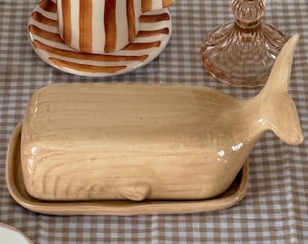 Whale Butter Dish, Coastal Ceramic Butter Keeper, Cottagecore Kitchen Decor, Beach House Serveware, Nautical Table Accent, Unique Gift