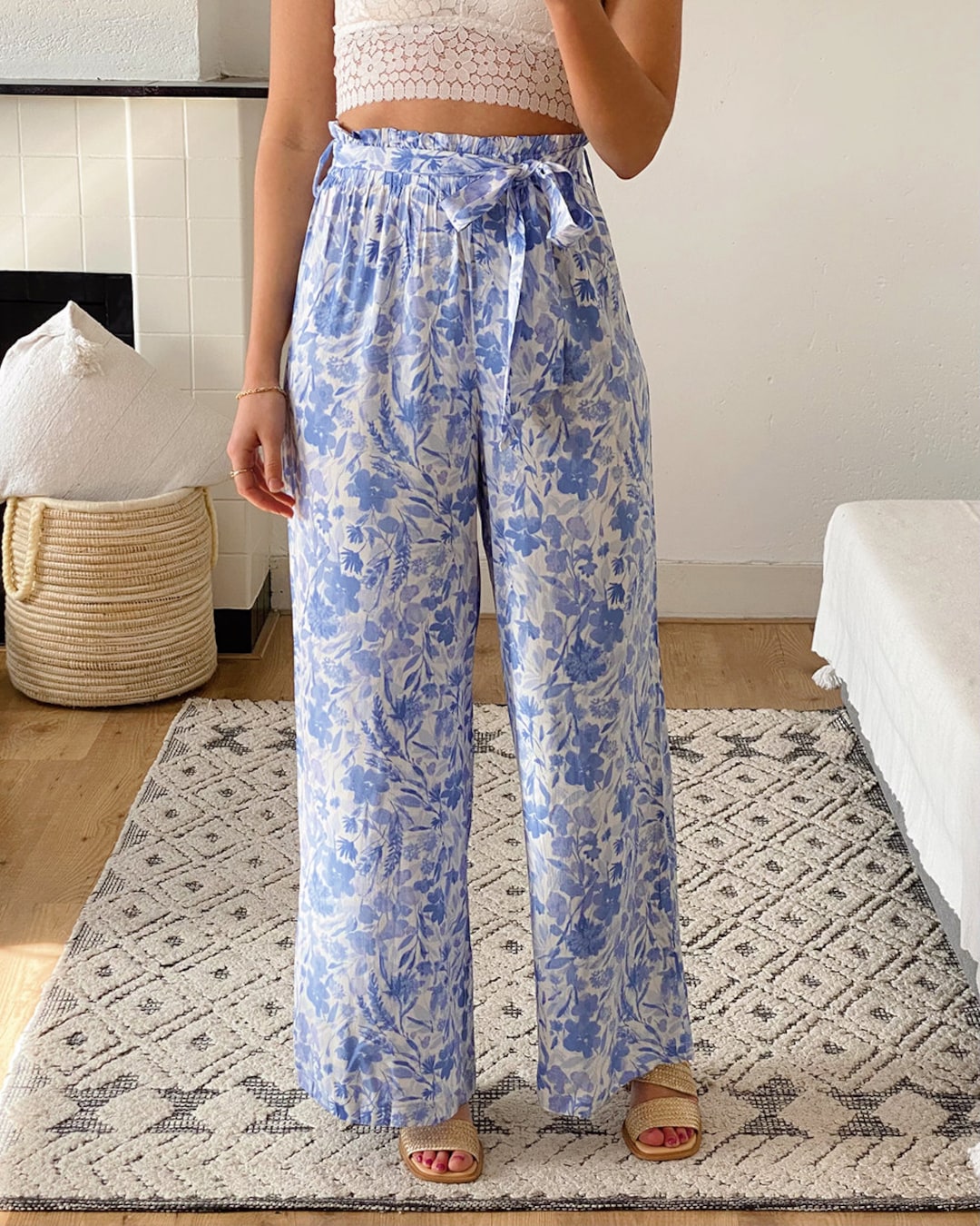 Pants Blue Blossom, Blue White Floral Palazzo Pants, Flowy