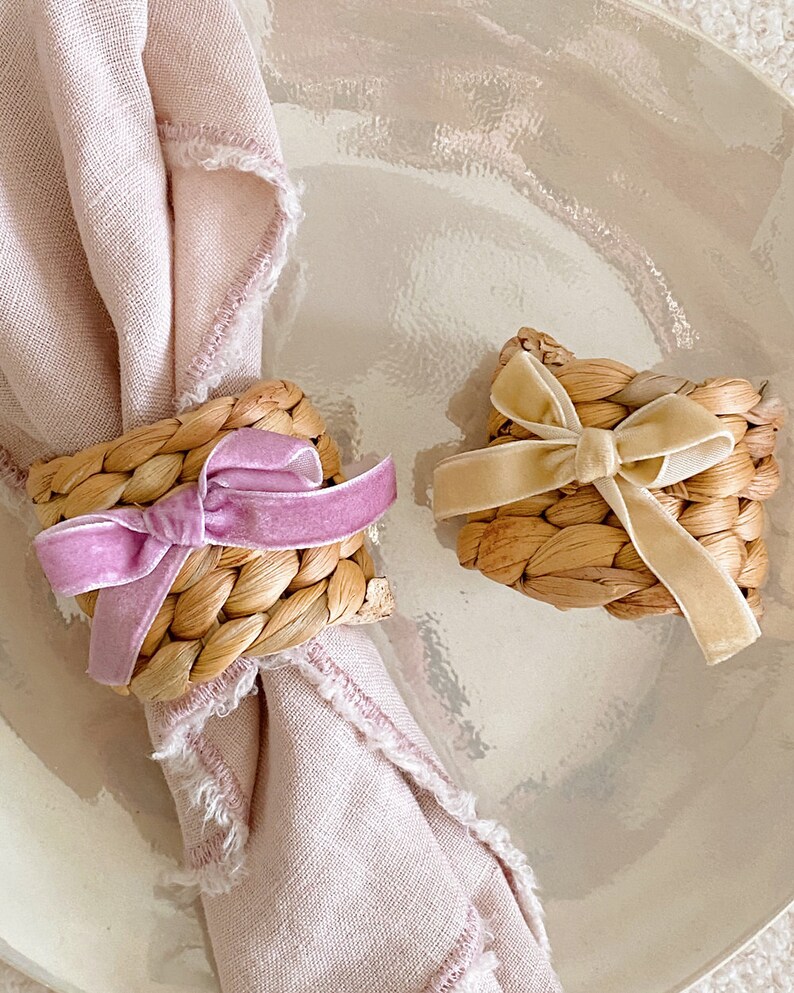 Velvet Bow Water Hyacinth Napkin Ring, Bow Tableware, Romantic, Chic, Romantic Dinner Party, Coquette, Hostess Gift, Wedding Gift Decor image 9